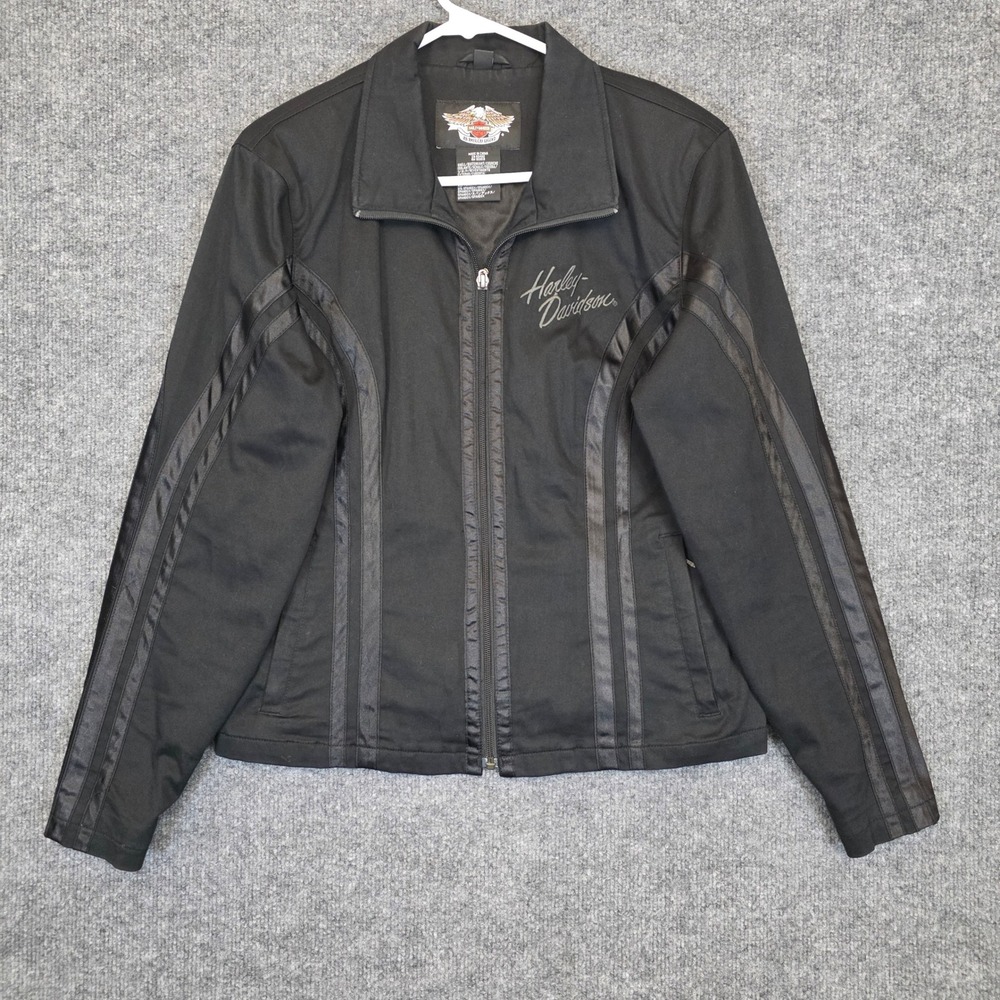 Harley Davidson Womens Medium Black Moto Cotton Racing Jacket Stripes